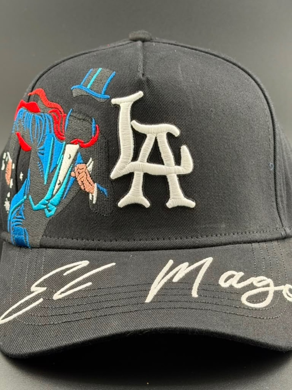 Los Angeles Embroidered El Mago Black Baseball Cap - White LA Logo